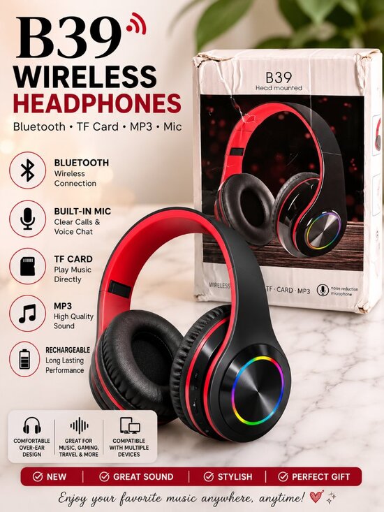 B39 Other - B39 Wireless Bluetooth Headphones Over Ear Headset Mic TF Card MP3 New